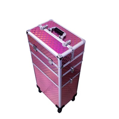 maleta organizadora rosa metálico com rodas e pega preta