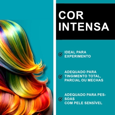 Cabelo colorido em tons intensos com texto explicativo em fundo azul