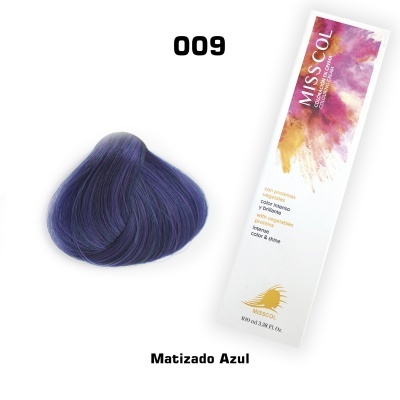 Tonalizante de cabelo Miss Col número 009 Matizado Azul com embalagem branca e cabelo azul