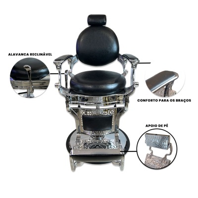 Cadeira de barbeiro preta com apoios e estrutura metálica