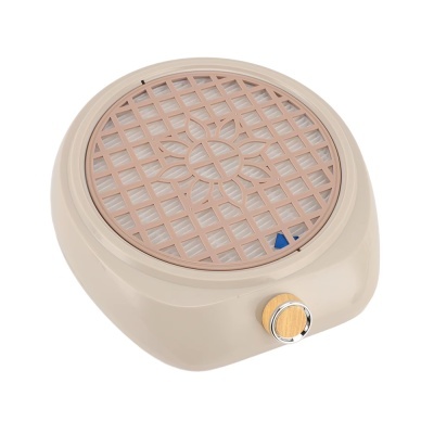 Aparelho redondo bege com grelha geométrica e botão de madeira