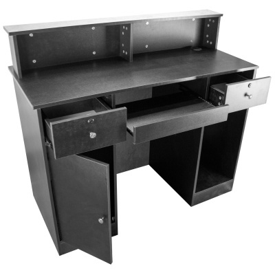 Secretária preta com gavetas e prateleira superior