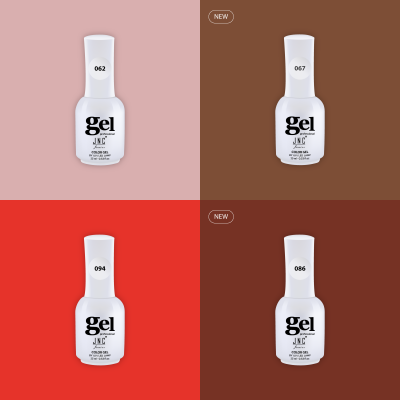 Quatro frascos brancos de verniz gel para unhas JNC Professional com números 062, 067, 094 e 086 em fundos coloridos diferentes.