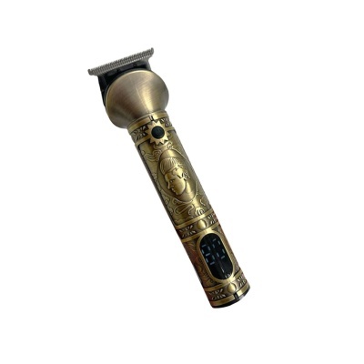 Aparelho de barbear elétrico dourado gravado com padrões e figura feminina