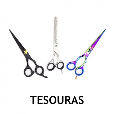 Três tesouras em fundo branco com texto 'TESOURAS' abaixo.