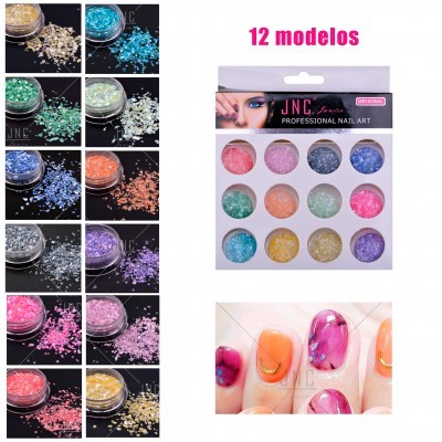 Conjunto de decoração artística para unhas com 12 potes coloridos e embalagem etiquetada