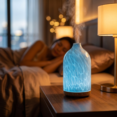 Difusor cerâmico azul com padrão ondulado na mesa de cabeceira em quarto com pessoa a dormir e luz quente