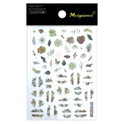 Ornamentos para unhas Meiguimei com flores e folhas decorativas em plástico transparente.