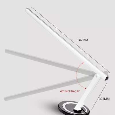 Lâmpada branca articulada com base preta e medidas indicadas