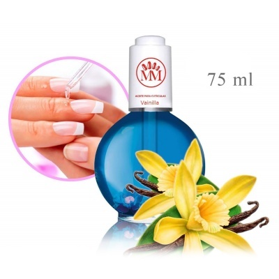 Frasco azul de Aceite para Cutículas MM com aroma de Vainilla e flor de baunilha