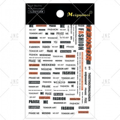 Adesivos para unhas com palavras em preto, branco e laranja