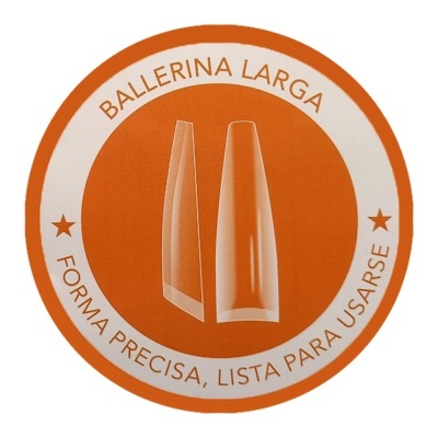 Etiqueta redonda laranja e branca com texto e imagem de unhas artificiais largas tipo ballerina