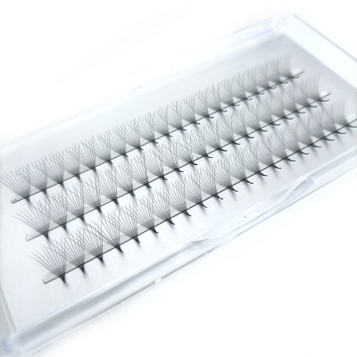 Extensões de pestanas pré-formadas em leque organizadas em caixa plástica transparente