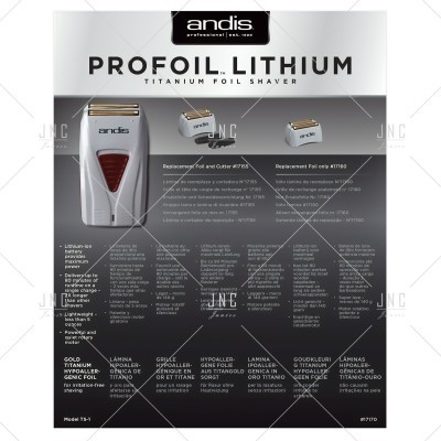 Embalagem do aparador Andis ProFoil Lithium com texto e imagens do produto
