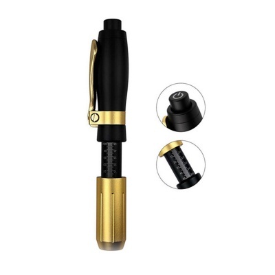 Medidor de pressão sanguínea compacto preto e dourado com marcações numéricas