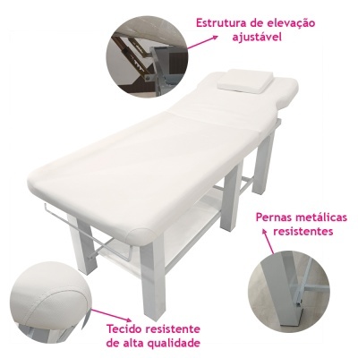Cama de massagem branca com estrutura metálica e tecido resistente