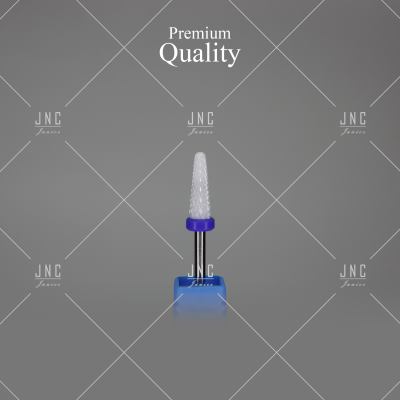 Broca cónica branca com base e aro azuis sobre fundo cinzento