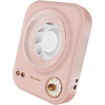 Ventoinha portátil quadrada rosa claro com botão dourado e indicador LED azul