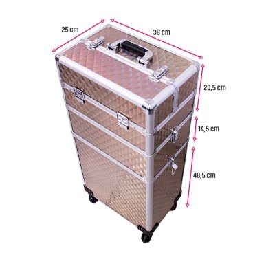 Mala de transporte com 3 compartimentos e rodas, em tons de bege e castanho com estrutura metálica prateada