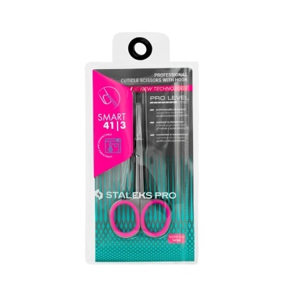 Tesoura para cutículas Staleks Pro SMART 41|3 em embalagem transparente com detalhes rosa e verde