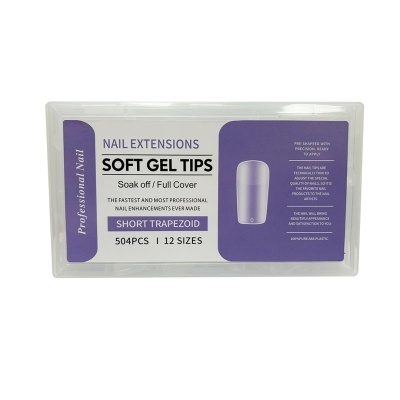 Caixa de pontas para unhas em gel soft com rótulo roxo e branco