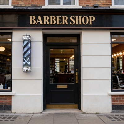 Fachada de barbearia com porta preta, letreiro dourado e iluminação branca e azul