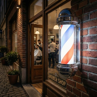 Sinal giratório tradicional de barbearia em metal cromado e vidro com faixa azul, branca e vermelha, porta de madeira e fachada em tijolo vermelho