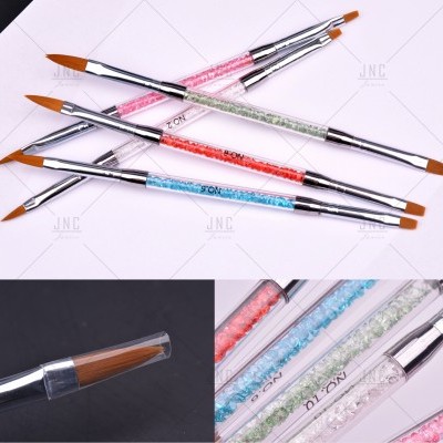 Conjunto de pincéis duplos com cabos coloridos e pequenas pedras internas, para unhas.