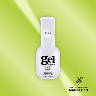 Frasco de verniz gel profissional branco com rótulo e texto em fundo verde claro