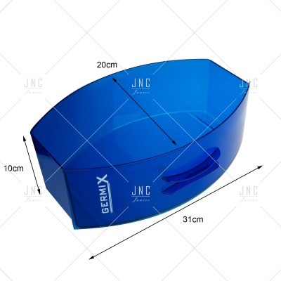 Bacia oval azul translúcida de plástico com alças laterais e medidas indicadas