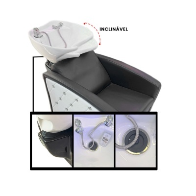 Cadeira preta de cabeleireiro com lavatório branco inclinável
