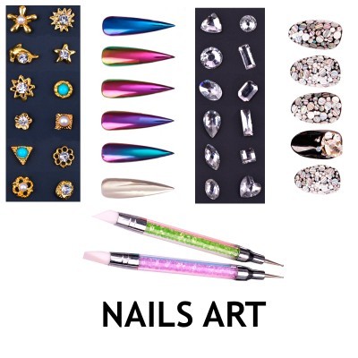 Acessórios para decoração de unhas com pedras, unhas postiças coloridas, brilhantes e ferramentas para nail art