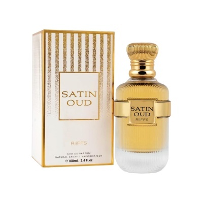 Perfume SATIN OUD RIFFS com frasco dourado e caixa branca e dourada