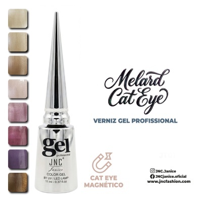 Verniz gel profissional JNC Janice com diferentes cores e texto publicitário em fundo branco
