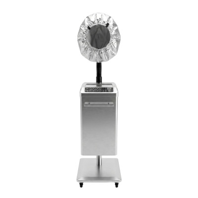 Secador de cabelo profissional prateado com painel digital e chapéu de secagem