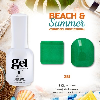 frasco de verniz gel branco, amostras de cor verde 251, fundo com conchas