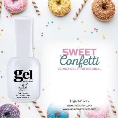 Verniz gel profissional JNC com donuts coloridos e confetis em fundo branco