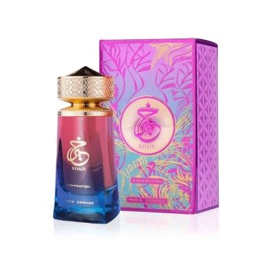 Perfume KHAIR com frasco azul e vermelho e caixa lilás decorada