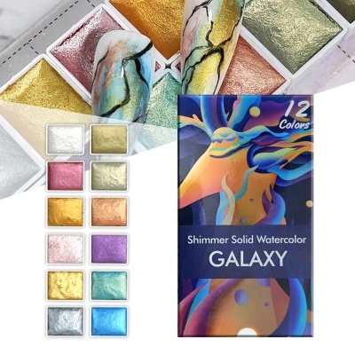 Estojo de aguarelas sólidas cintilantes Galaxy com 12 cores variadas em embalagem colorida