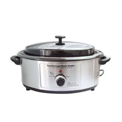 Máquina elétrica Top Massage Stone Heater em aço inoxidável com tampo preto e botão regulador.
