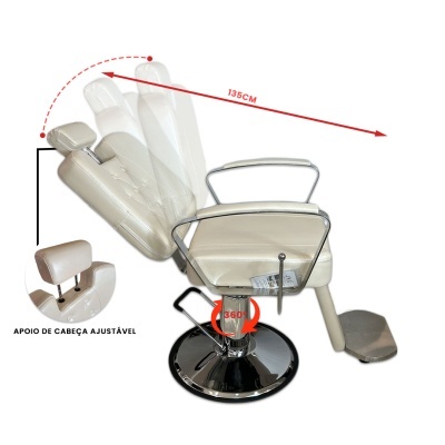 Cadeira de barbeiro bege com apoio de cabeça ajustável e base cromada