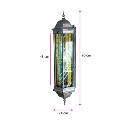 Candeeiro de parede metálico cinzento com vidro colorido e medidas indicadas.
