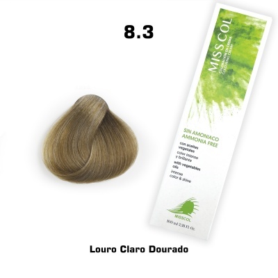 Mostruário de cabelo louro claro dourado e embalagem do produto Miss Col com design branco e verde