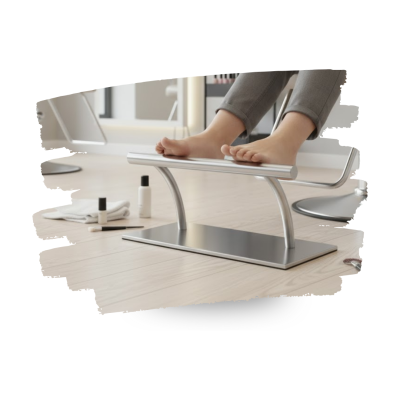 Descanso para pés metálico prateado com apoio cilíndrico curvo e base retangular