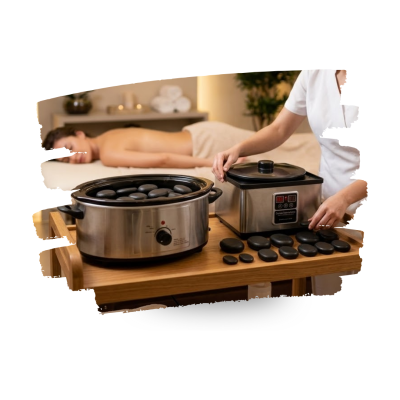 Máquina de pedra quente com pedras pretas para massagem e mulher deitada coberta com toalha branca