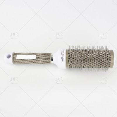 Escova de cabelo redonda com cabo branco e cerdas metálicas