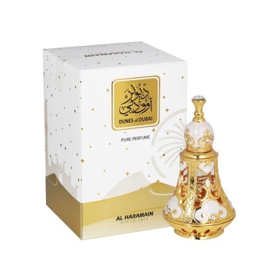 Frasco decorativo de perfume dourado e branco com embalagem branca de perfume Dunes of Dubai