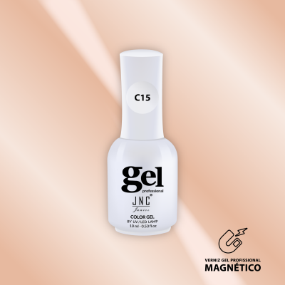 Frasco branco de verniz gel magnético JNC Paris com código C15 num fundo rosa suave.