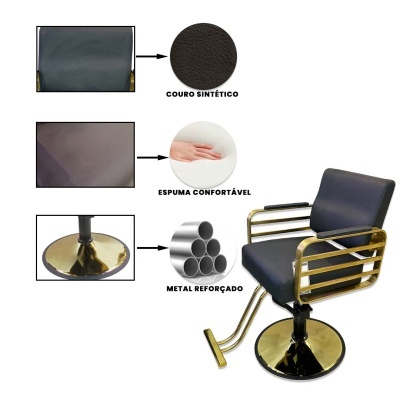 Cadeira de salão preta com estrutura metálica dourada e base redonda