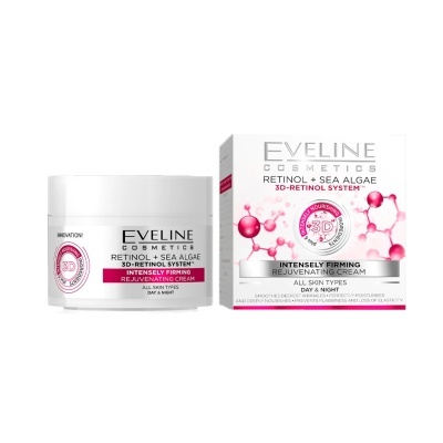 Creme Eveline Cosmetics Retinol e Algas Marinhas com embalagem branca e texto rosa e cinza